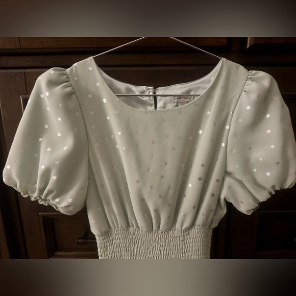 Habitual Girls Light Green w Silver Polka Dot Puff Sleeve Dress - Size 12 - NWOT - Picture 2 of 7